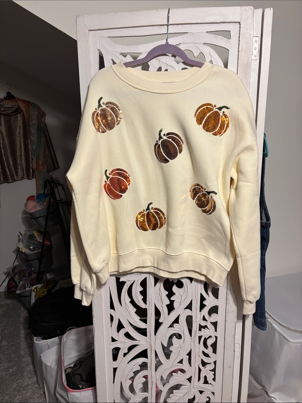 Cream Pumpkin Sequin Sweatshirt - Women Fleece lined sweatshirt